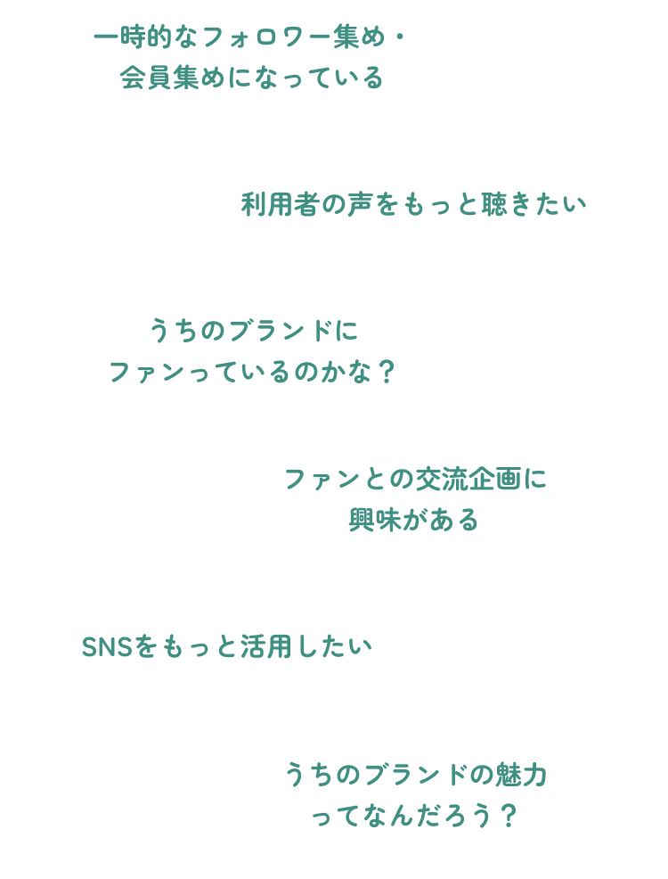 一時的なフォロワー集め・会員集めになっている 利用者の声をもっと聴きたい うちのブランドにファンっているのかな？ファンとの交流企画に興味がある SNSをもっと 活用したい うちのブランドの魅力 ってなんだろう？